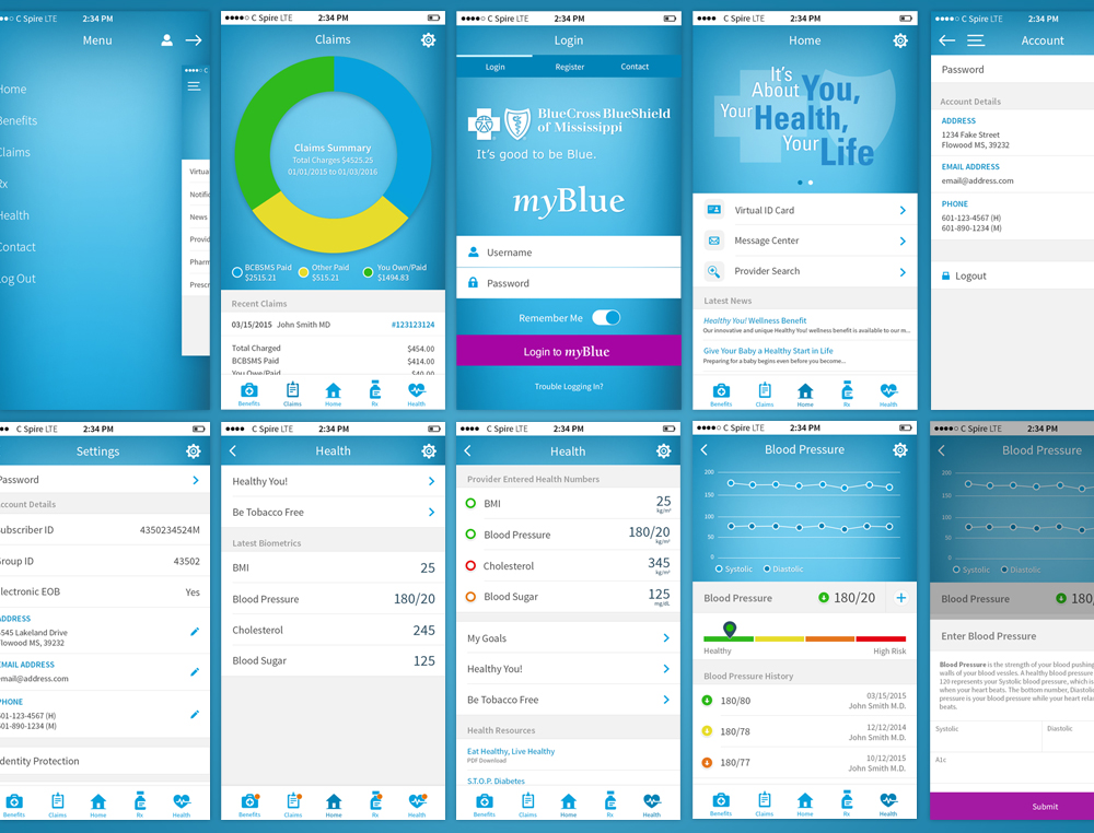 BCBSMS mobile app design screens