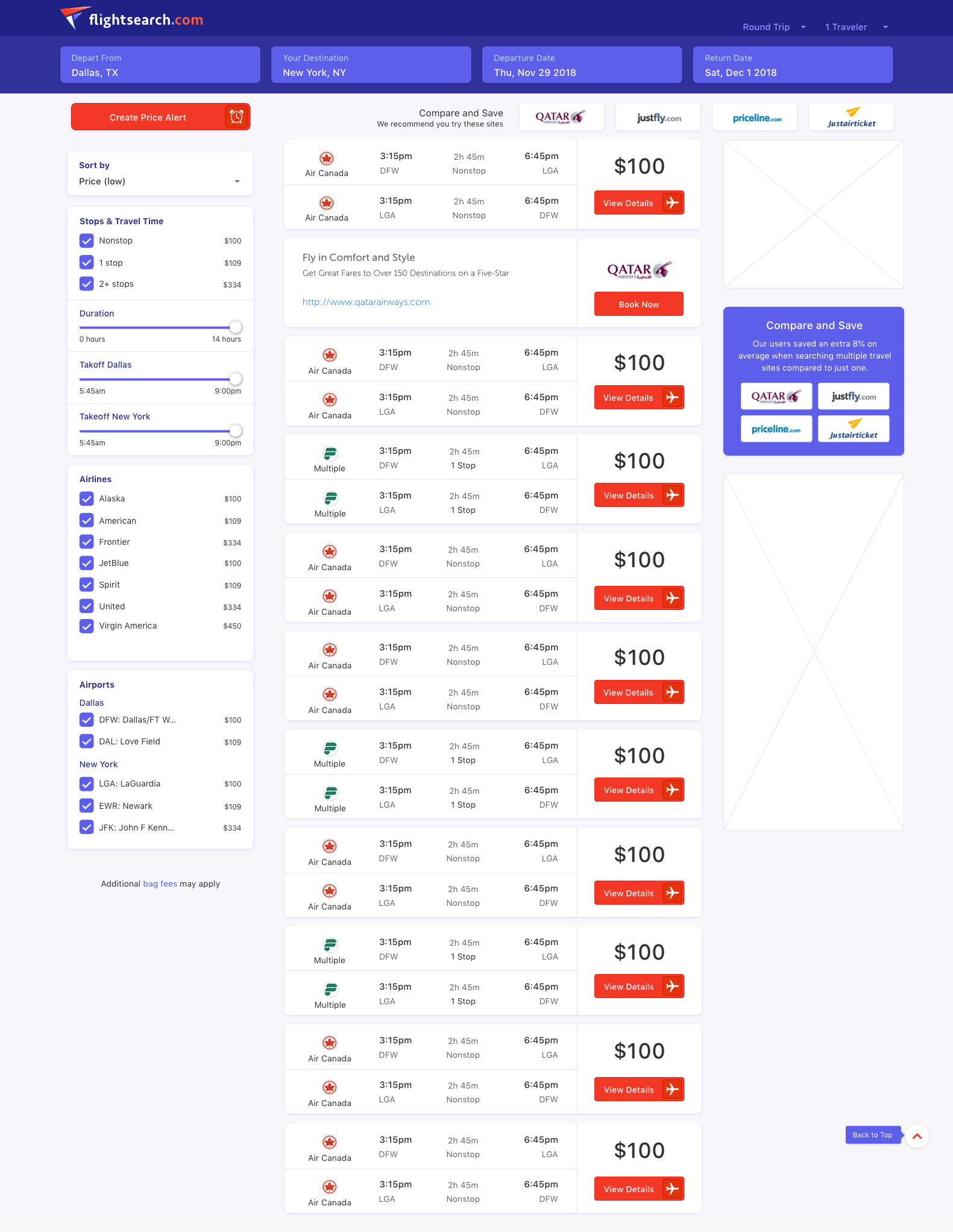 flight results interface